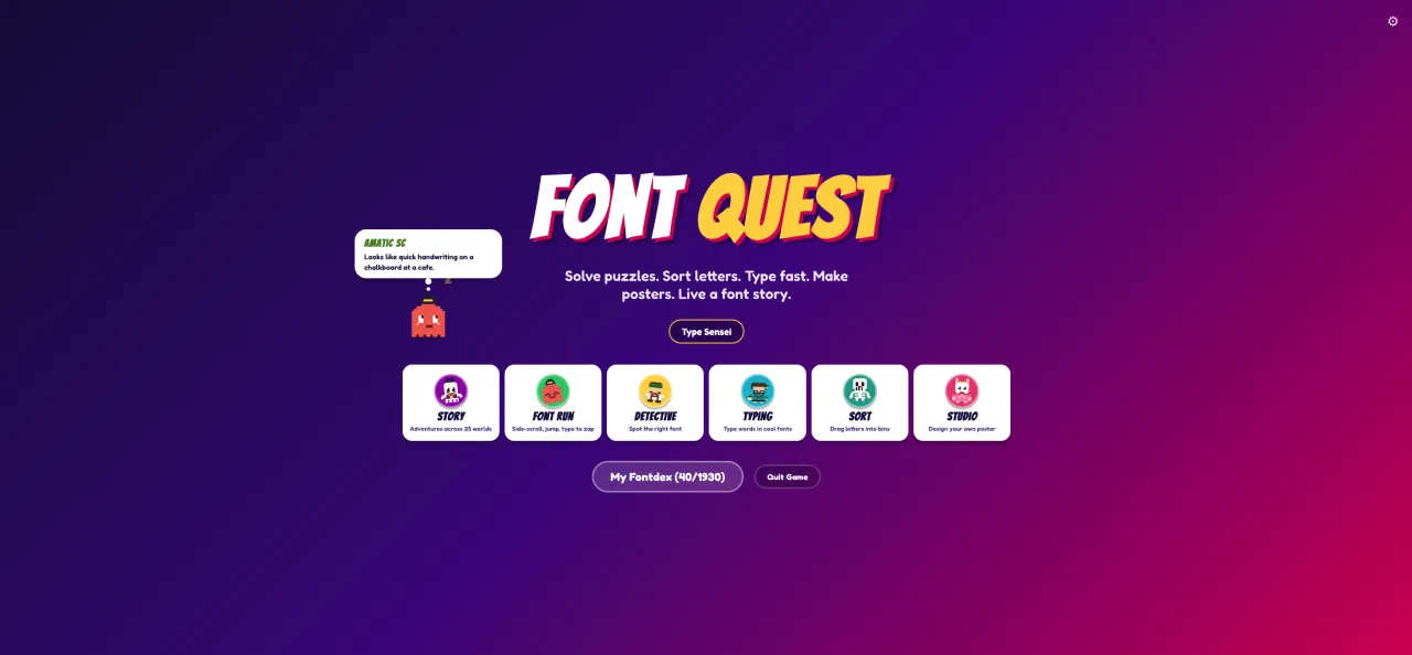 Font Quest title screen — six game-mode tiles around a friendly mascot.