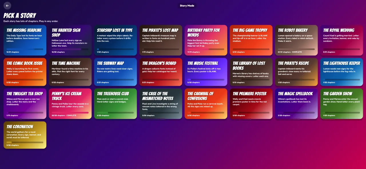 Story menu — Stories to pick from