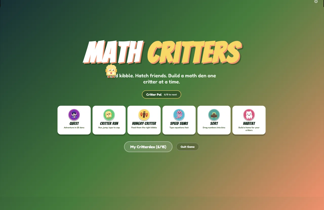 Math Critters title screen — Pip mascot above six game-mode tiles.